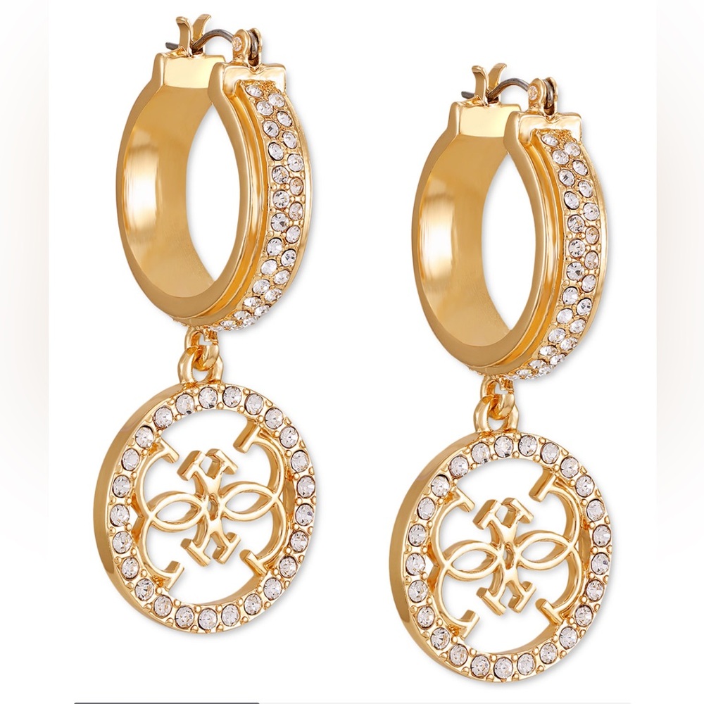 NEW!! Guess Gold-Tone Pavé Logo Charm Hoop Earrings